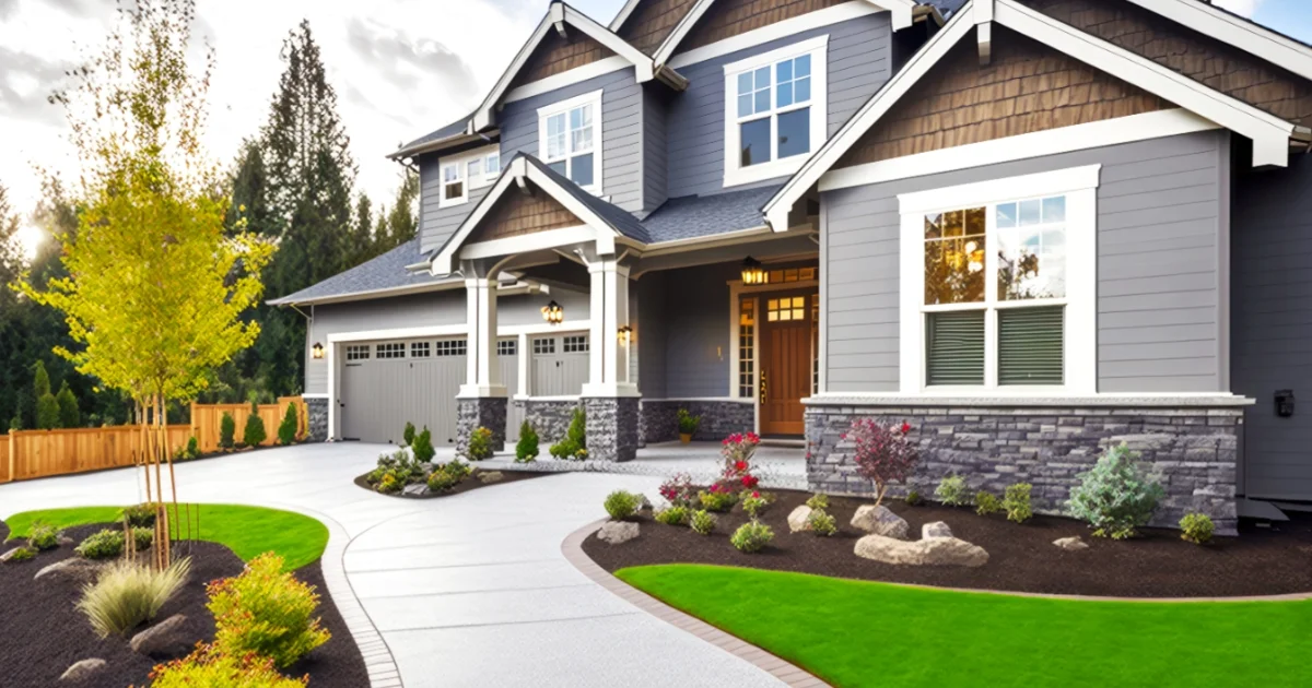 Modern home with a landscaped front yard featuring artificial turf